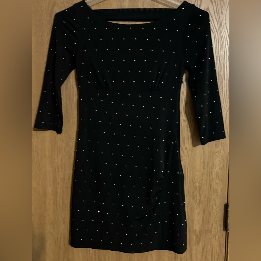 Express Womens Sheath Dress Black Mini Stretch Zip Rhinestone 3/4 Sleeve X-Small